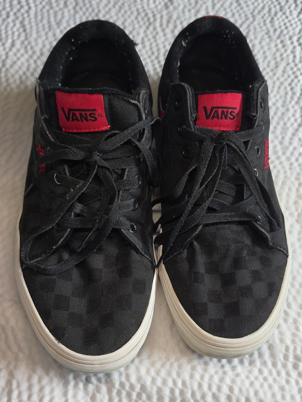 Vans Black Checkerboard Low-Top Sneakers with Red Logo Accents